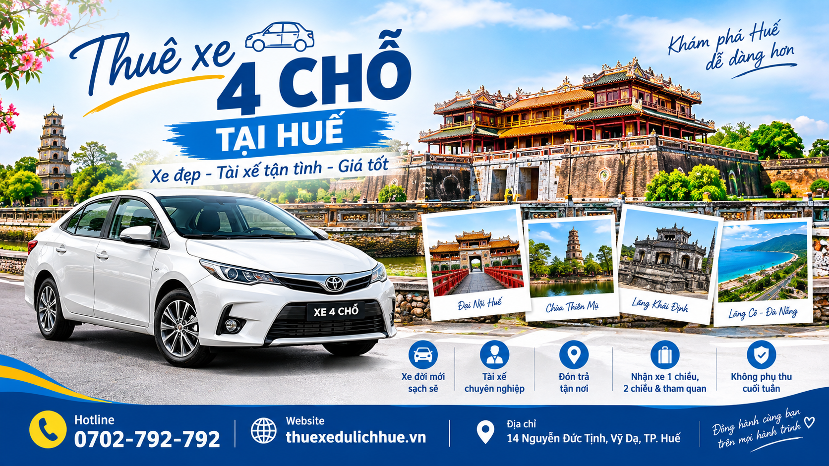 Thuê xe 4 chỗ Huế có tài xế – xe du lịch Huế