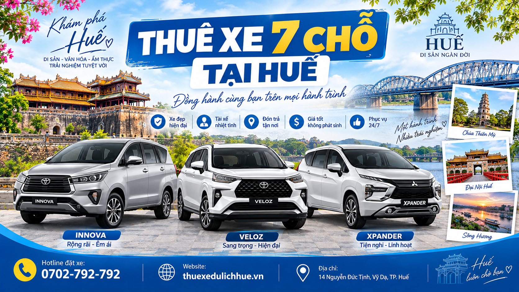Thuê xe 7 chỗ tại Huế có tài xế – Innova, Xpander, Veloz, fotuner