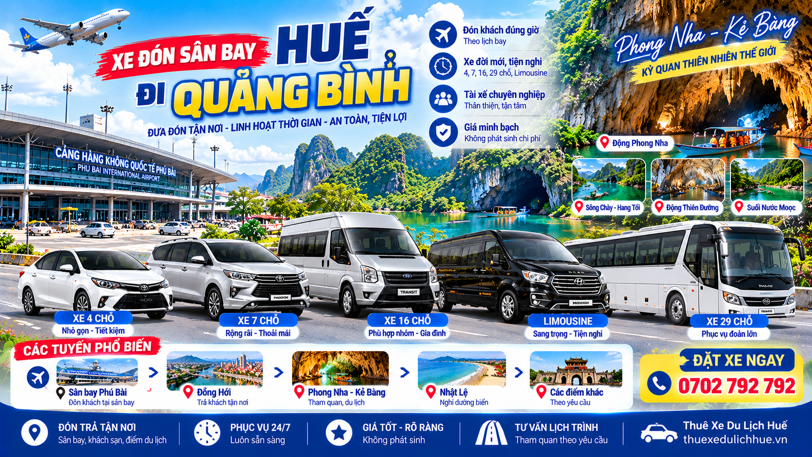 thuê xe sân bay huế đi Quảng Bình, thuê xe sân bay huế Phong nha kẻ bàng